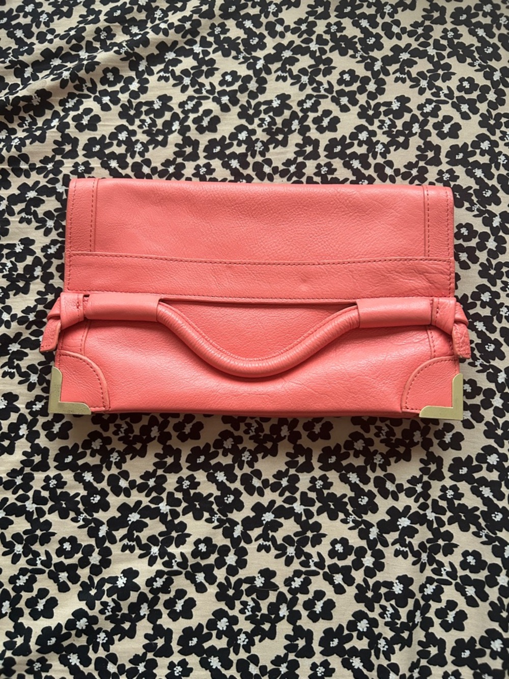 Foley + Corinna Coral Fold-Over Clutch with Gold Corner Accents